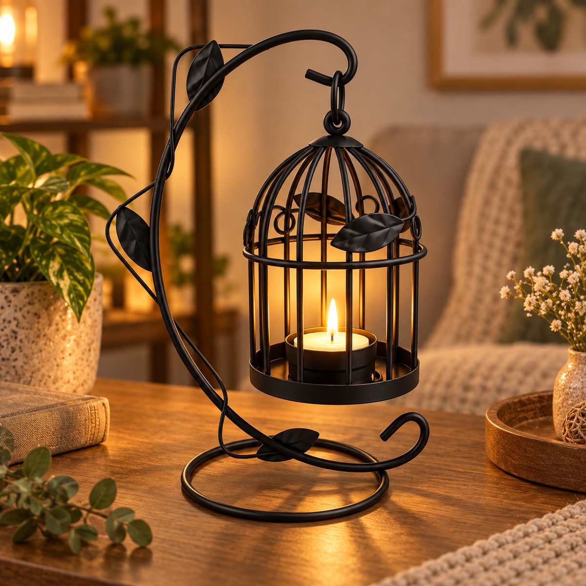 Vintage Birdcage Tealight Candle Holder with Stand – Black or Ivory