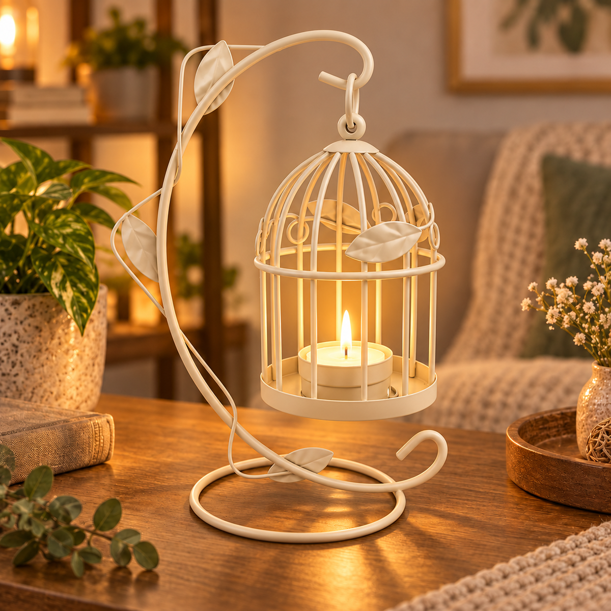 Vintage Birdcage Tealight Candle Holder with Stand – Black or Ivory