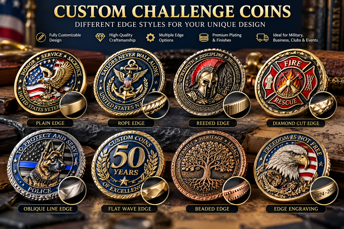 Custom Challenge Coin Edge Options – 8 Premium Edge Styles & Personalized Engraving