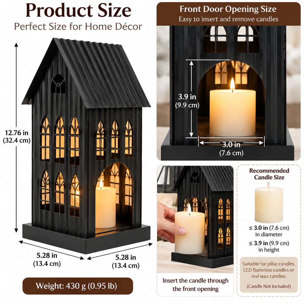 Gothic House Candle Lantern Holder – Black Metal Home Decor