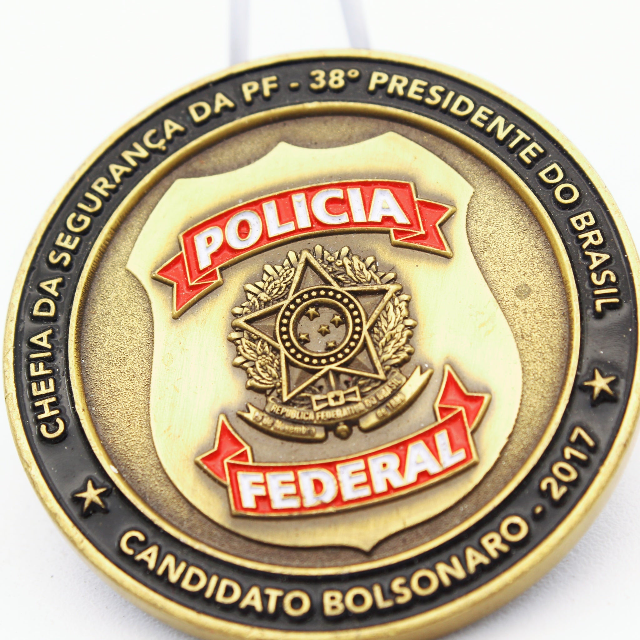 Polícia Federal Brazil Challenge Coin – Head of Security, 38th President Jair Bolsonaro (2017) 1.75" Copper - Pre-Owned