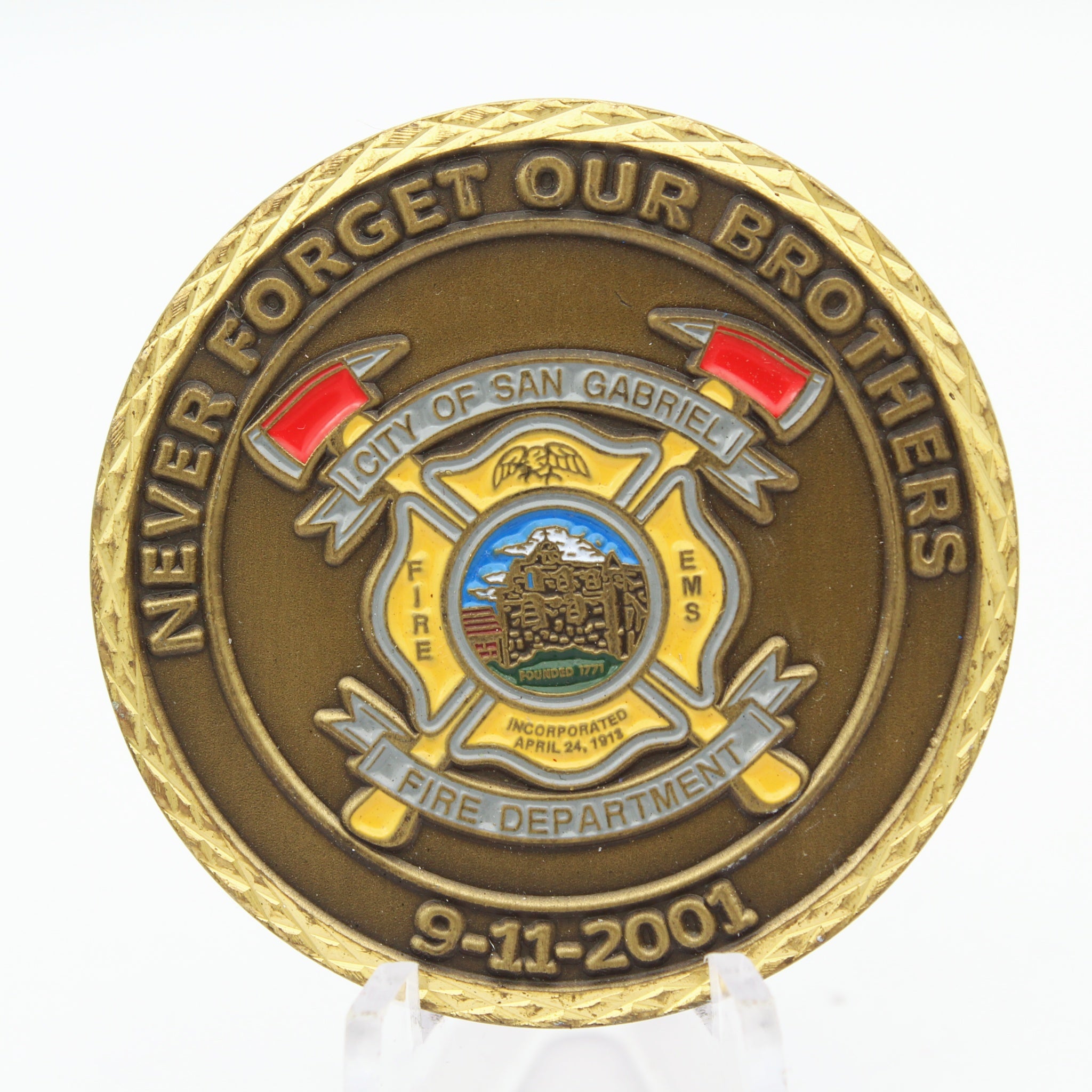 San Gabriel Fire Department 9/11 Memorial Challenge Coin 1.75” Copper Fire EMS Rescue Coin Pre-Owned