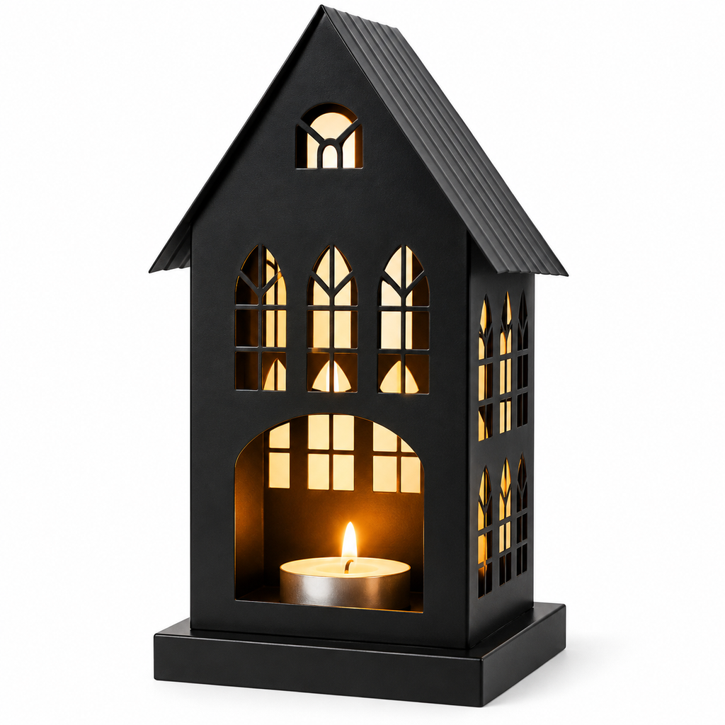 Gothic House Candle Lantern Holder – Black Metal Home Decor
