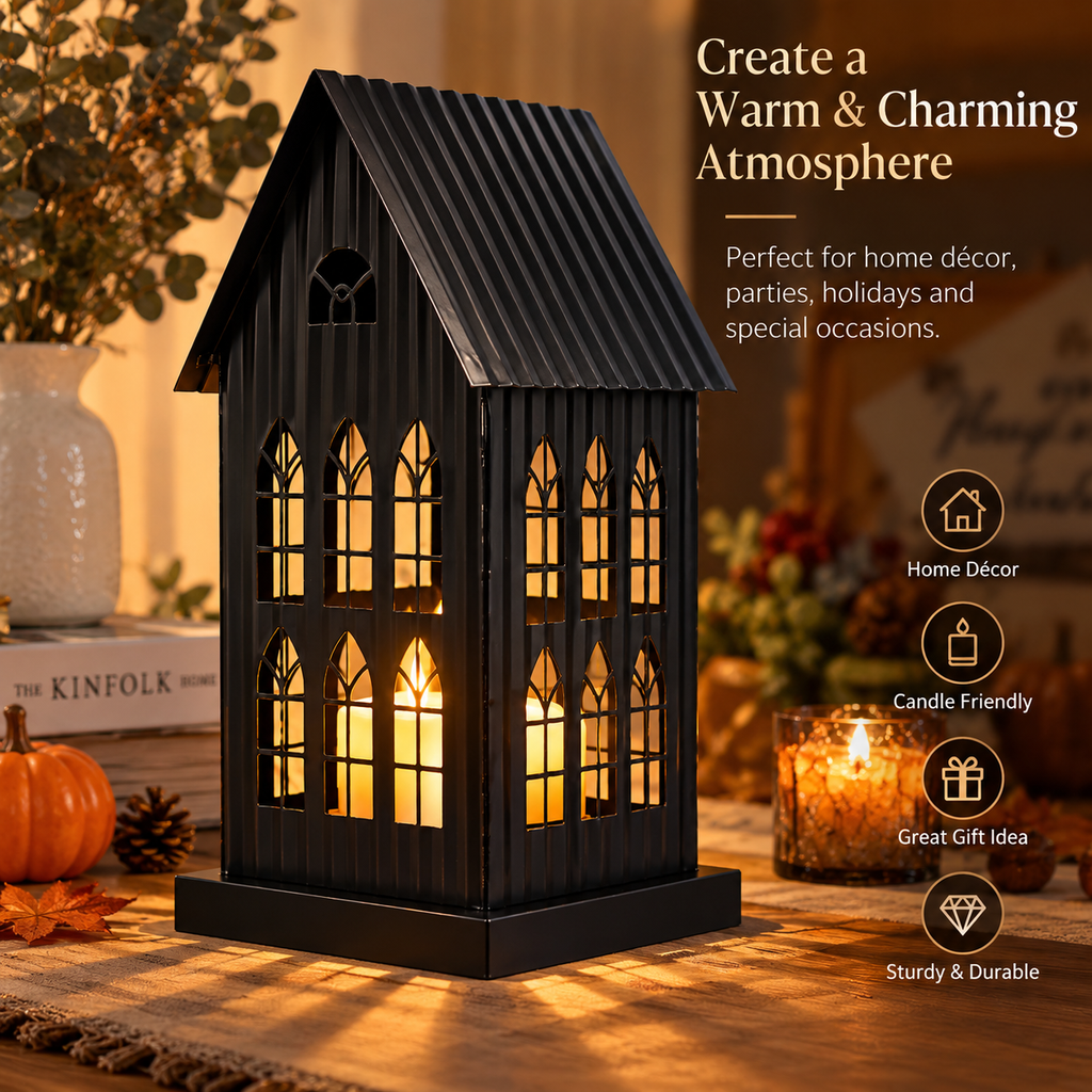 Gothic House Candle Lantern Holder – Black Metal Home Decor